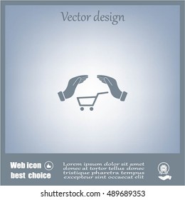 hands and shopping cart, sign purchase protection web icon. 