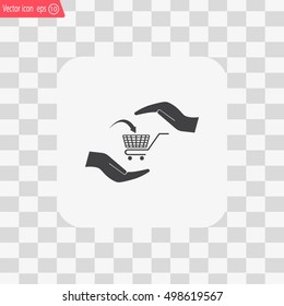 hands and shopping cart, sign purchase protection web icon. vect