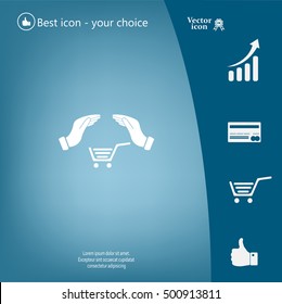 hands and shopping cart, sign purchase protection web icon. 