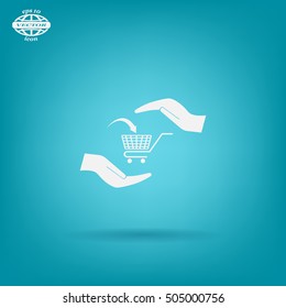 hands and shopping cart, sign purchase protection web icon. vect