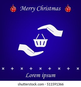 hands and shopping cart, sign purchase protection web icon. vect