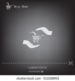 hands and shopping cart, sign purchase protection web icon. vect