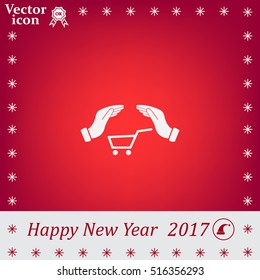 hands and shopping cart, sign purchase protection web icon. 