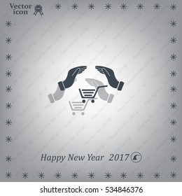 hands and shopping cart, sign purchase protection web icon. 