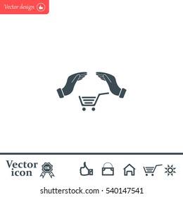 hands and shopping cart, sign purchase protection web icon. 