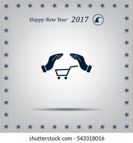 hands and shopping cart, sign purchase protection web icon. 