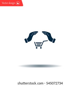 hands and shopping cart, sign purchase protection web icon. 