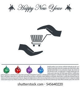 hands and shopping cart, sign purchase protection web icon. vect