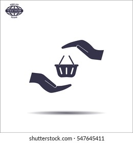 hands and shopping cart, sign purchase protection web icon. vect