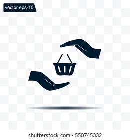 hands and shopping cart, sign purchase protection web icon. vect