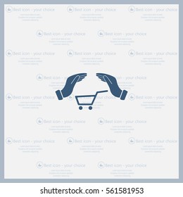 hands and shopping cart, sign purchase protection web icon. 