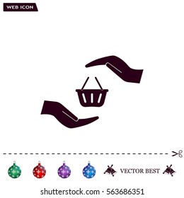 hands and shopping cart, sign purchase protection web icon. vect