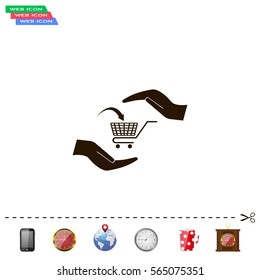hands and shopping cart, sign purchase protection web icon. vect