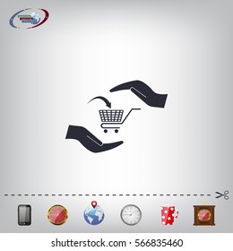 hands and shopping cart, sign purchase protection web icon. vect