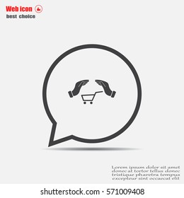 hands and shopping cart, sign purchase protection web icon. 