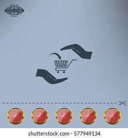 hands and shopping cart, sign purchase protection web icon. vect