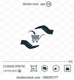 hands and shopping cart, sign purchase protection web icon. vect