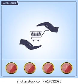 hands and shopping cart, sign purchase protection web icon. 