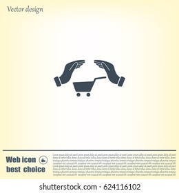 hands and shopping cart, sign purchase protection web icon. 