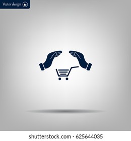 hands and shopping cart, sign purchase protection web icon. 