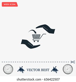 hands and shopping cart, sign purchase protection web icon. vect