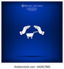hands and shopping cart, sign purchase protection web icon. 