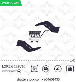 hands and shopping cart, sign purchase protection web icon. vect