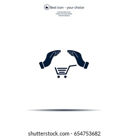 hands and shopping cart, sign purchase protection web icon. 
