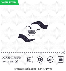 hands and shopping cart, sign purchase protection web icon. vect