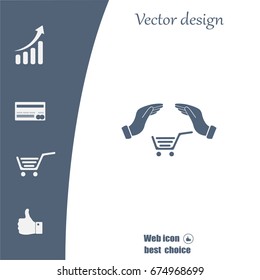 hands and shopping cart, sign purchase protection web icon. 