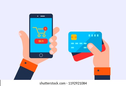 Hands shopping online by cash and credit card, Online store on smartphone, Mobile payment, isolated on light background