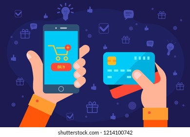 Hands shopping online by cash and credit card, Online store on smartphone, Mobile payment, isolated on light background