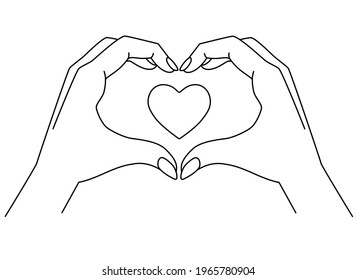 Hands show gesture - heart with heart inside - vector linear illustration for coloring. Heart sign shown by hands. Outline. valentine's day symbol - heart, love