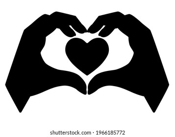 Hands show gesture - heart with heart inside - vector silhouette for logo or pictogram. Heart sign shown by brushes for a sign or icon. Valentine's Day - heart, love black silhouette.
