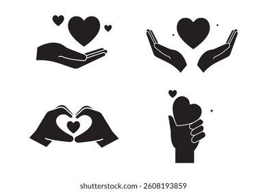 Hands show gesture - heart with heart inside - vector silhouette for logo or pictogram. Heart sign shown by brushes for a sign or icon. Valentine's Day - heart, love black silhouette. 