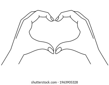 Hands show gesture - heart - vector linear illustration with editable outline. Heart sign shown by hands. Female hands with a manicure for coloring. Outline.
