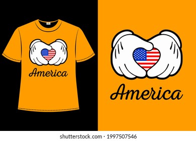 Hands show the heart and inside the heart is the flag of America. Text America.