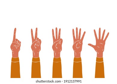The hands show the numbers: one two three four five. 1, 2, 3, 4, 5 on the fingers. Vector illustration of hand gestures.
