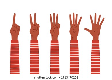 The hands show the numbers. One, two, three, four, five on the fingers. Vector illustration of hand gestures.