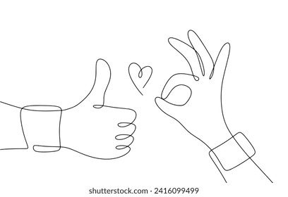 Hands show ok and thumbs up gesture. Gestures of approval and support. Compliment to a person. Vector illustration. Images produced without the use of any form of AI software at any stage. 