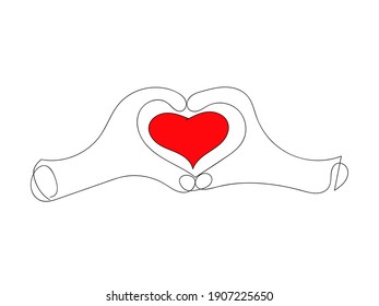 Hands show red heart sign abstract minimalism. Love symbol drawn with one line declaration of romantic and good emotion happiness gratitude vector.