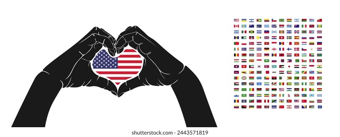 Hands show the shape of a heart. Flags of countries of the world. Vector image