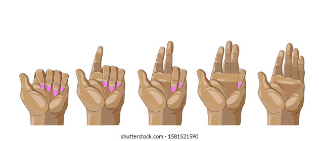 hands show thumbs up count one, two, three, four, five, pink nails, horizontal rectangle, tie, isolated white background, vector stock illustration, motivation, score, design and design