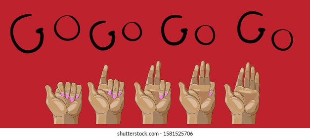 hands show thumbs up count one, two, three, four, five, text go, horizontal rectangle, tie, isolated background, white, black, stock vector illustration, motivation, score, design 