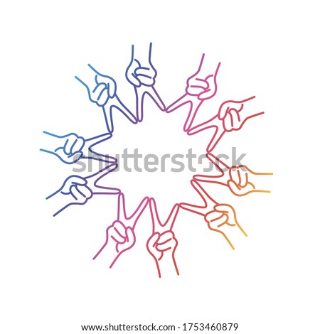 Hands show two fingers touching in the shape of a star. Rainbow colors in linear vector illustration.
