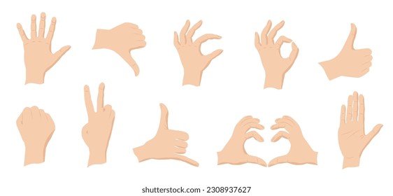 Hands show various popular signs. Vector illustration. ESP 10.
