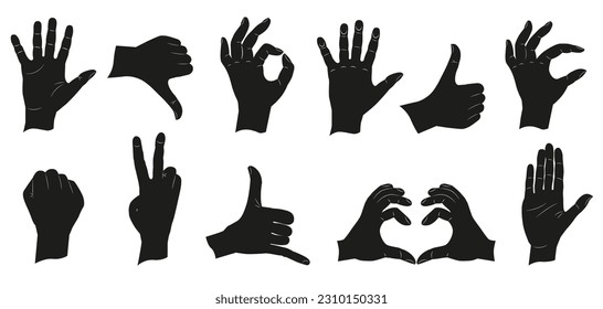 Hands show various popular signs. Hands filled with black paint. Vector illustration. ESP 10.