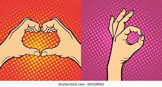 Hands showing deaf-mute different gestures human arm hold communication and direction design fist touch pop art style colorful vector illusstration.