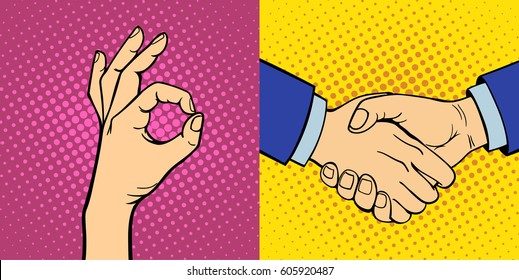 Hands showing deaf-mute different gestures human arm hold communication and direction design fist touch pop art style colorful vector illusstration.