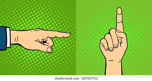Hands showing deaf-mute different gestures human arm hold communication and direction design fist touch pop art style colorful vector illusstration.